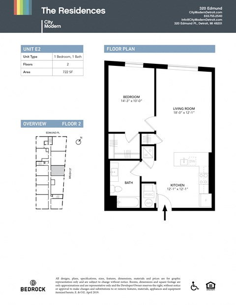 Floor plan for 1 bed, 1 bath, 722 sqft